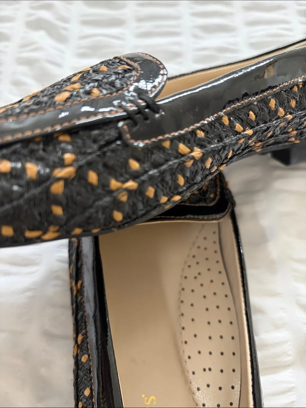 Eric Javits New York Square Toe Black and Tan Woven Loafers. Stylish, Tailored!